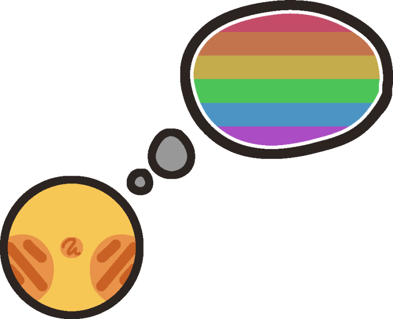 a blushing emoji face under a thought bubble filled with the rainbow flag